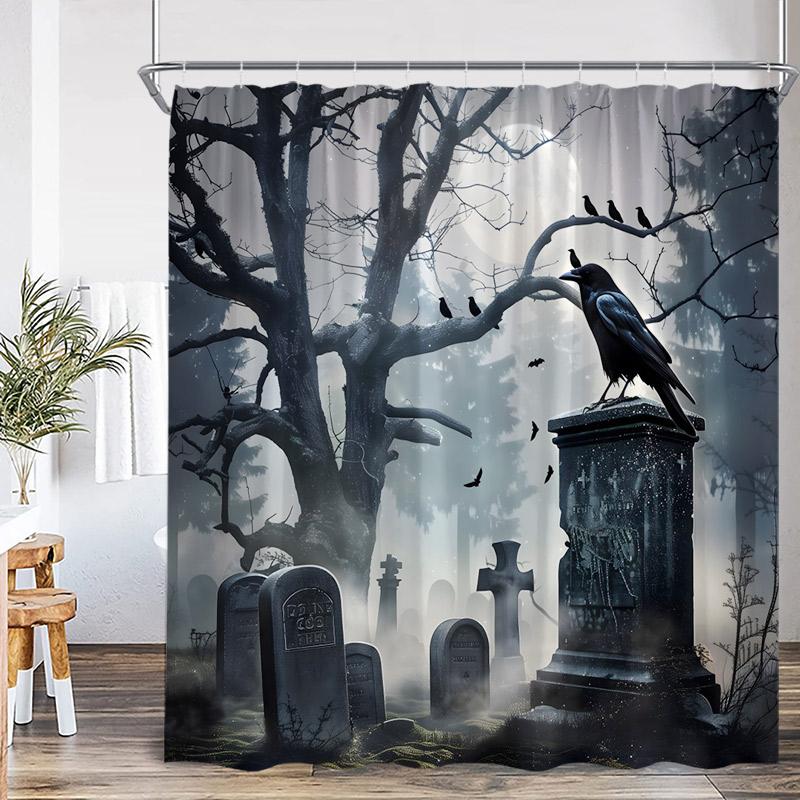 Horror Halloween Shower Curtain Forest Dead Trees Tombstone Crow Black Cat Skeleton Bath Curtains Home Bathroom Decor with Hooks