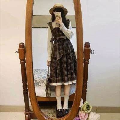 Fake Two-Piece Dress for Women Long Skirt Slim Fit Waist Cinching Vintage Lolita Plaid Bow Korean Style Fashion