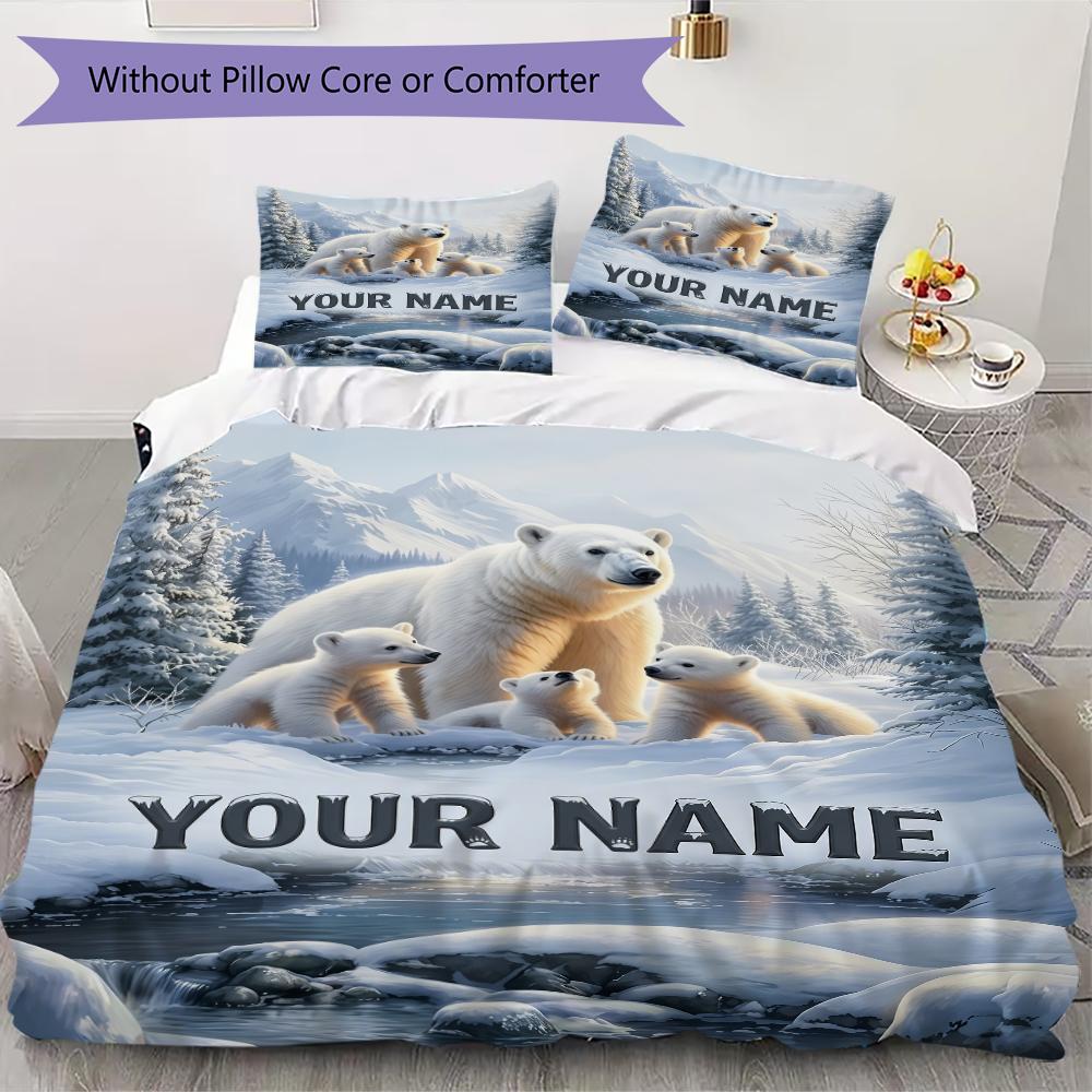 Custom Name Polar Bears Winter Bedding,Quilt Set Quilt Cover Pillowcase Home Birthday Gift(1 * duvet cover + 2 * pillowcase, without core)_lx