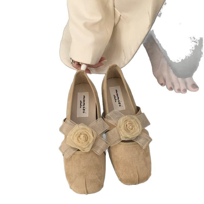 Square Head Sweet Flower Princess Shoes French Flat Bottom Shallow Mouth Single Shoes Fashion Versatile Elastic Band Ballet Shoes Fringe