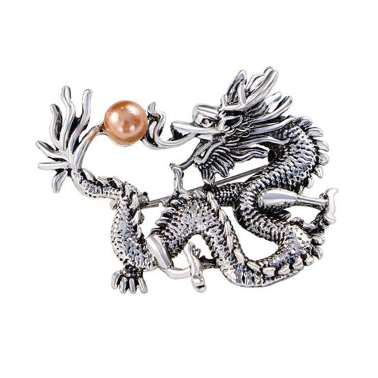 

Брошь в китайском стиле со знаком зодиака Дракон, декор из искусственного жемчуга, булавка для весеннего фестиваля, мультяшная форма животного, костюм, отворот, шляпа, сумка, значок серебряный