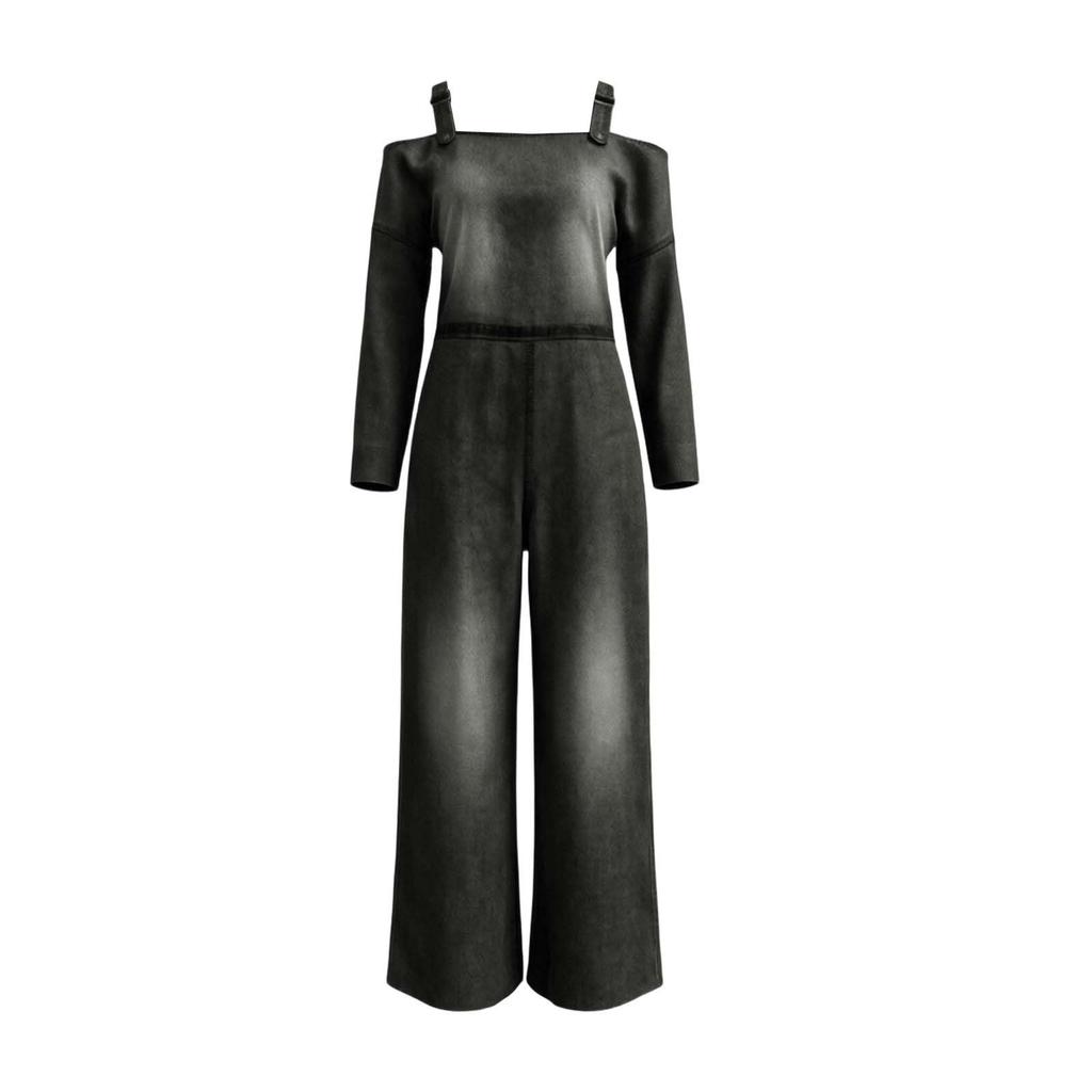 Ladies' Casual Denim Printed Long Sleeved Loose Pocket Jumpsuit