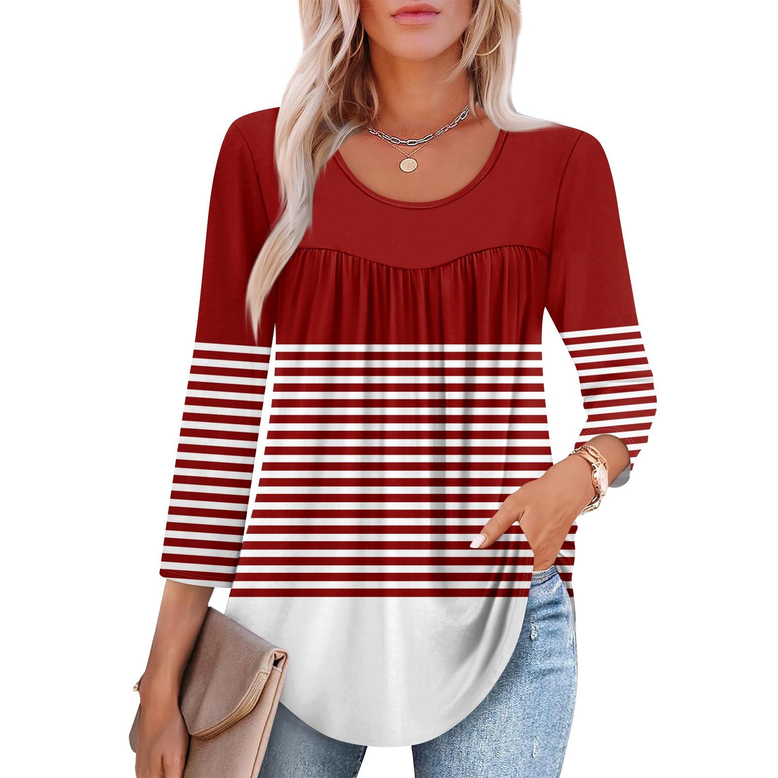 

Women s Fashion Seven Sleeve Top Round Neck Pleated Casual Printed Top L