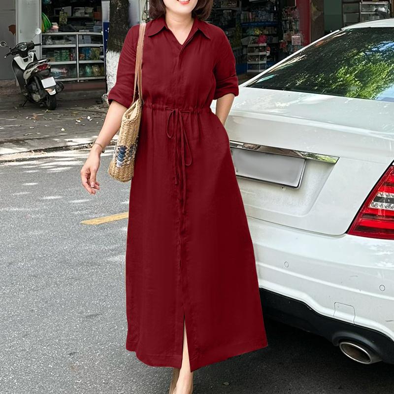 

ZANZEA Женское повседневное платье с отложным воротником и длинными рукавами 5XL вино красного