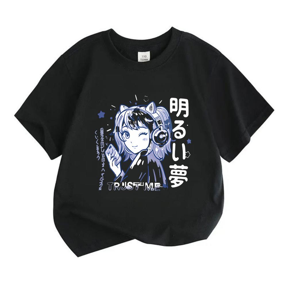 Kids Boys Girls 100% Cotton Crew Neck Short Sleeve T-Shirt, Cute Anime Girl With Headphones Graphic Casual Comfortable Tee For Daily Play, Soft Breath