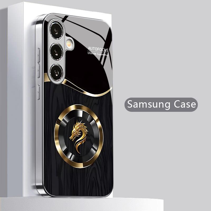 2D Dragon Black Gold Pattern Mobile Phone Case for Samsung S26 S25 S24 S23 S22 S21 S20 A56 A36 A16 - Glass Protective Cover