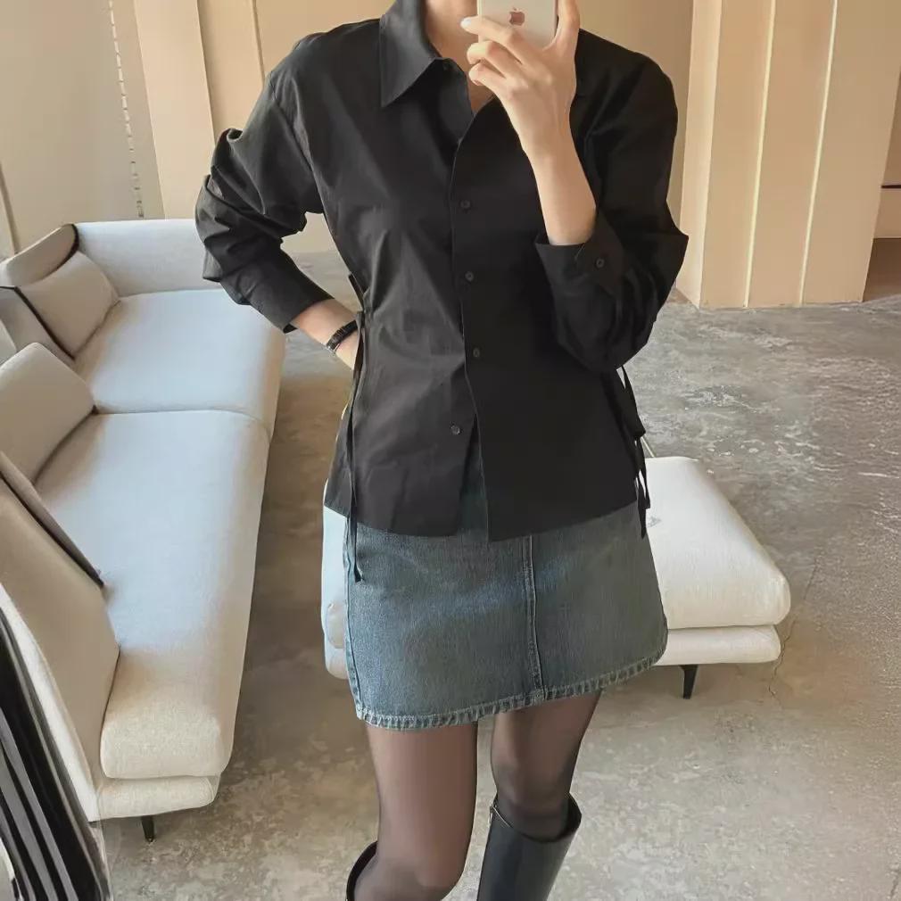 Spring 2024 Korean Loose-Fit Strap Long-Sleeve Shirt for Women - Trendy and Versatile