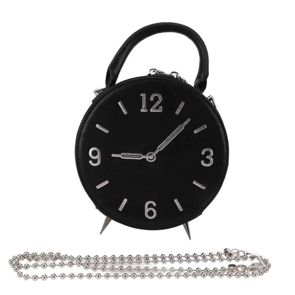 Durable PU Leather Shoulder Bag Waterproof Two Way Zipper Clock Handbag Adjustable Strap Round Clock Crossbody Bag Shopping чёрный