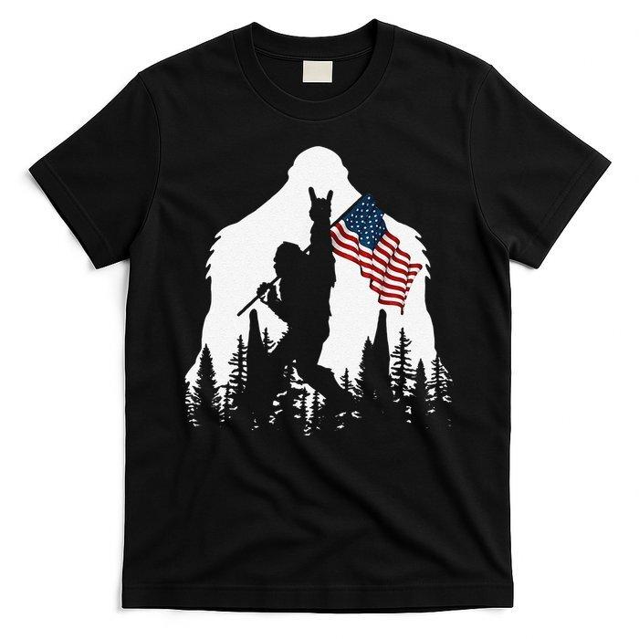 Funny Bigfoot Rock On Hold American Flag Sasquatch Believers T-Shirt Unisex