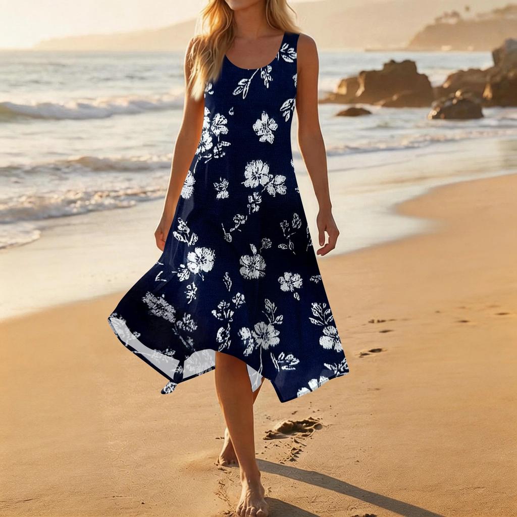 Women's Casual Sleeveless Floral Print Dress Round Neck Asymmetric Hem Mid-Length Summer Dress Lightweight Comfortable