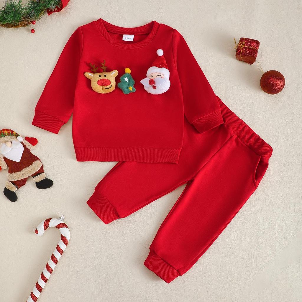 2025 Autumn/Winter Baby Christmas Knit Cotton Sweatshirt & Pants Set
