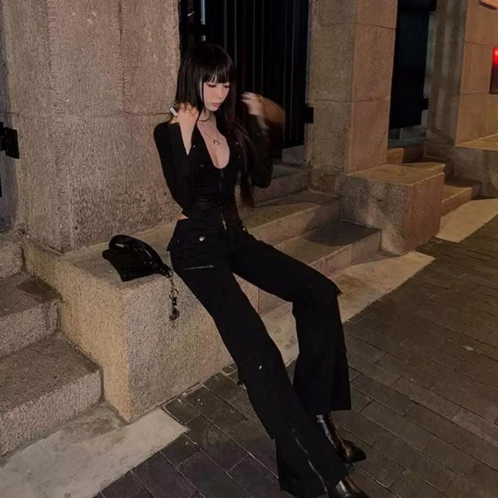 2KWEIRD Y2k Schwarz Sexy Shirts Damen V-Ausschnitt Kokett Harajuku American Vintage Reißverschluss Bluse Slim Gyaru Strickjacke Streetwear