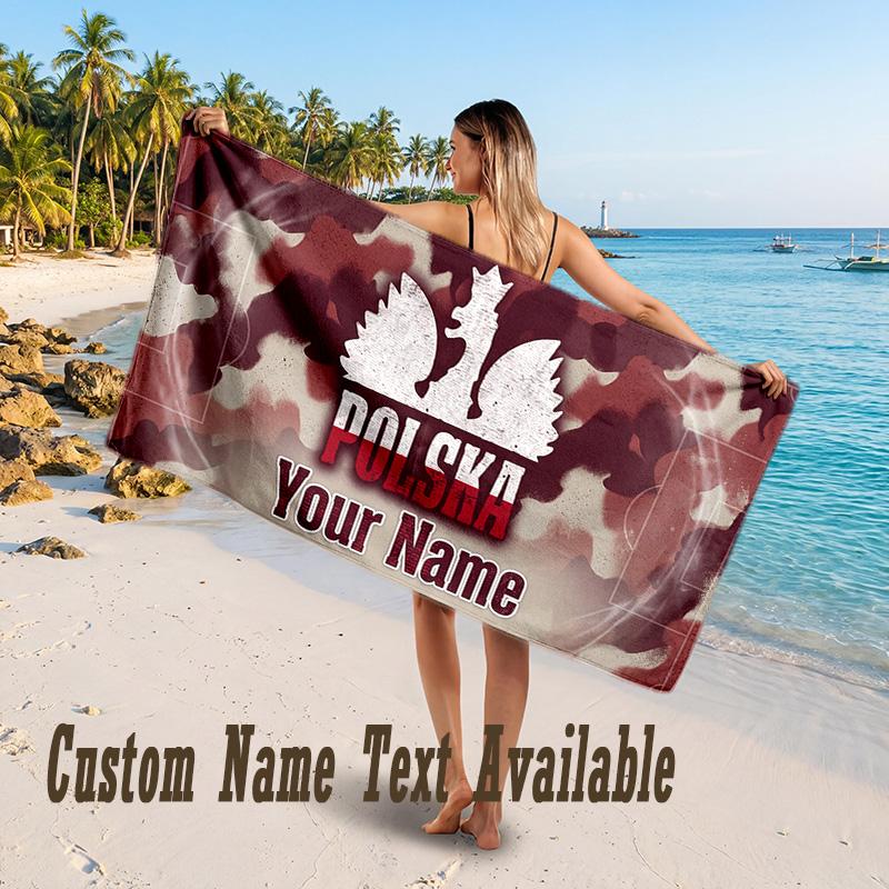 Poland Football Design Beach Towel Custom Text Large Towel for Beach Vacation