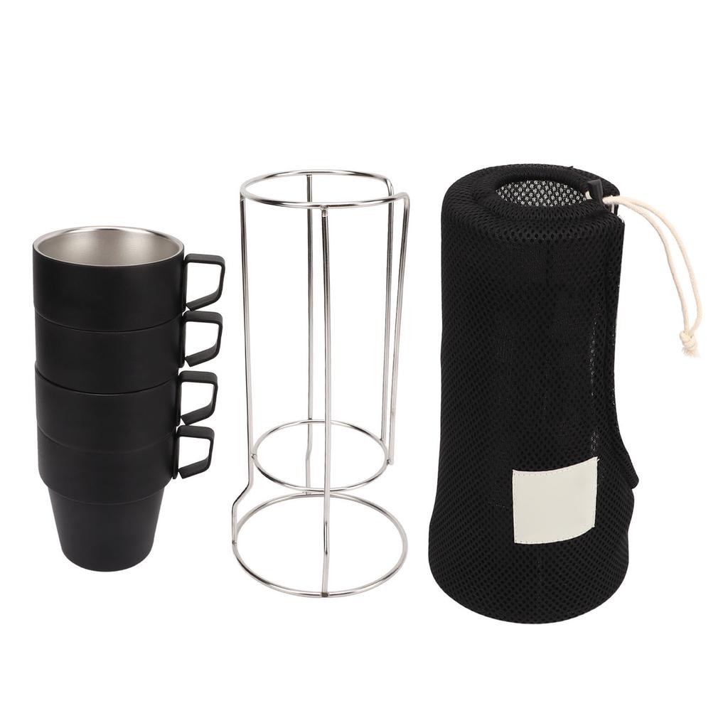 4PCS Camping Double Layer Cups Stainless Steel Food Grade Plastic Spraying Stackable Coffee Cup for Picnic Black