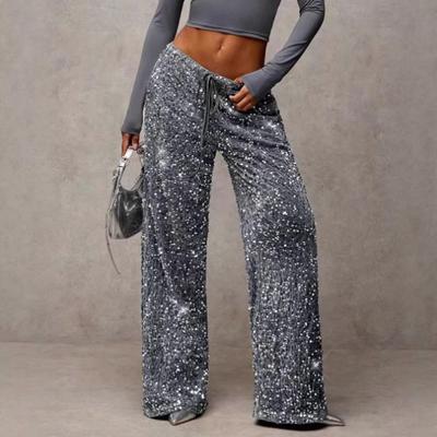 New Fashion Sequined Drawstring Slimming Elasticated Long Loose-leg Pants Without Pockets