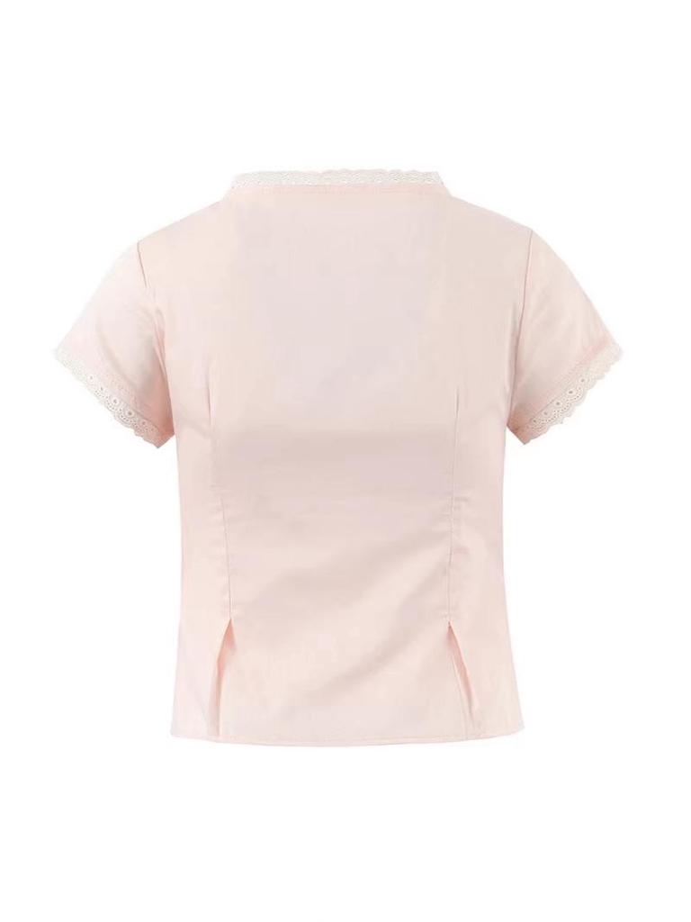 Lace Patchwork Button Top & Elastic Waist Skirt Set
