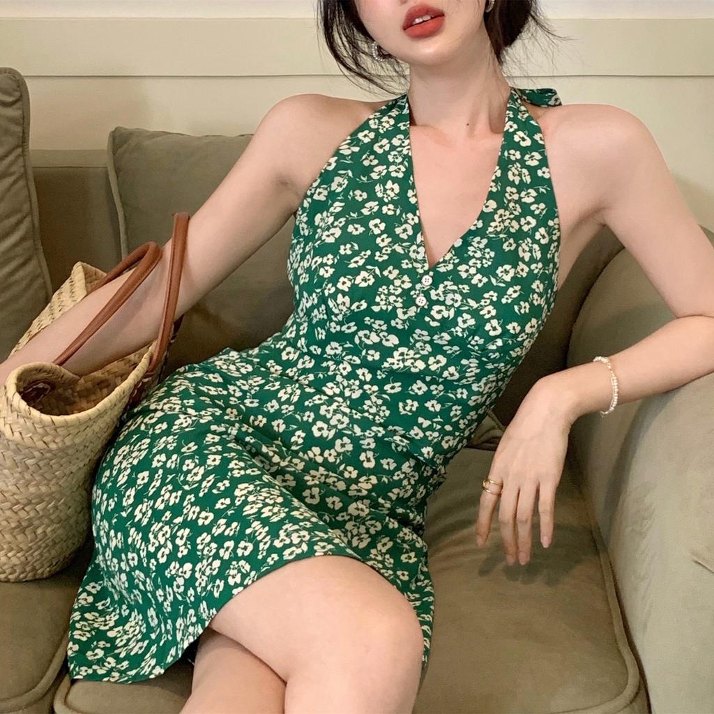 Hong Kong style neck floral dress women's summer new retro Spice Girl temperament v-neck suspender hip skirt