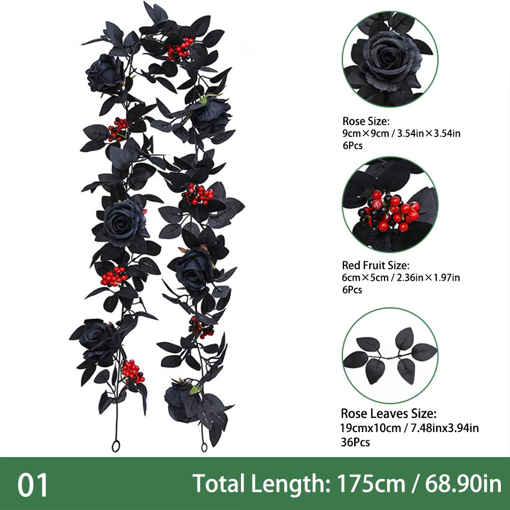 Artificial Black Rose Vine Lifelike Simulated Rattan Fake Leaves Gothic Halloween Garland Home Party Scene Halloween Decorations