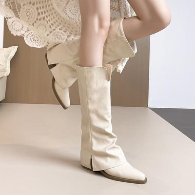 White Thick Heel Boots Women 2026 New High Heel Pointed Toe Trouser Leg Knight Boots Not Over The Knee Boots