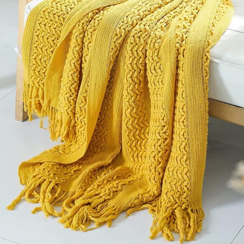 Khaki Christmas Blankets with Tassles Vintage Lightweight Farmhouse Gift Blankets Knitted Plaid Cozy Bohemian Throw Knit Blanket