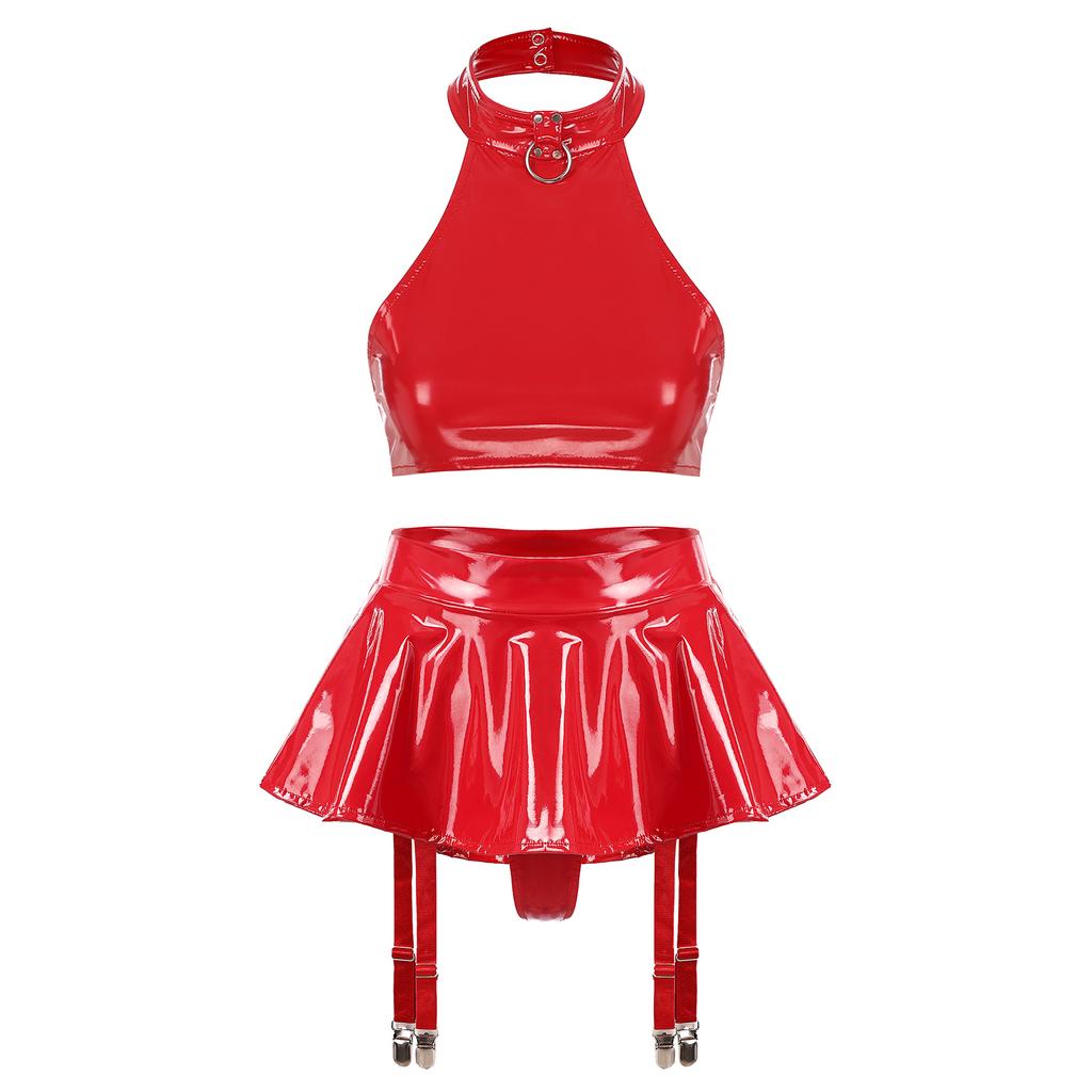 Womens Patent Leather Lingerie Set O-Ring Halter Backless Crop Top Built-in Thong Ruffle Miniskirt