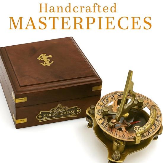 Messing Sonnenuhr Kompass mit Holzkiste: Nautische Maritime Dekoration