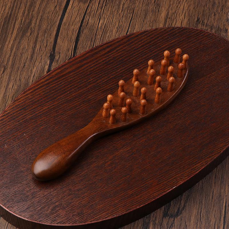 Golden Sandalwood Comb Head Meridian Comb Natural Sandalwood Long Handle Comb Multifunction Insert Teeth Massage Comb 22 Nails