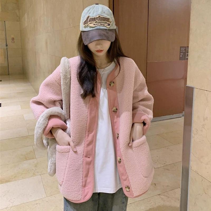 Winter Thick Contrasting Retro Lamb Style Loose Women's Clothing Round Neck Mid Length Cardigan Trend All-match Chic Coats