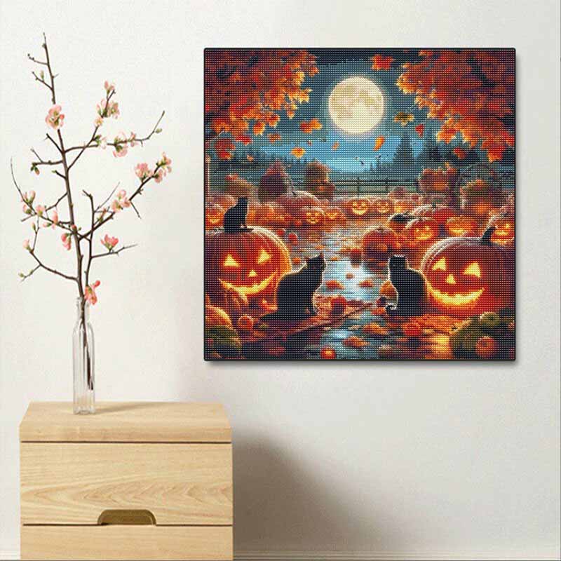 DIY Diamond Painting Canvas Pumpkin Night Cat Full Moon Pattern 5D Rhinestone Art Kit for Home Wall Decor Craft Hobby Set