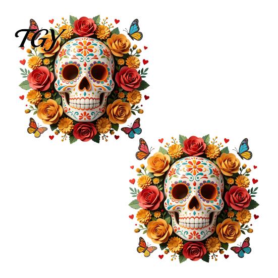 Spooky Party Window Ornament Day of The Dead Skull Flower Static Sticker, Colorful Mexican Floral Glass Creative Holiday Gifts for Friends Halloween