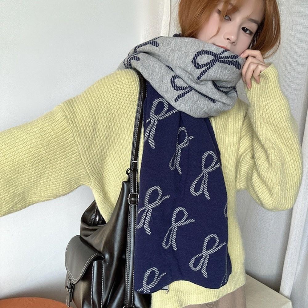 Lightweight Imitation Wool Scarf Two-sided Winter Shawl Trendy Bow Scarf Gift