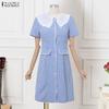 ZANZEA Women Casual Lace Splice Doll Collar Short Sleeve Plaid Print Dress