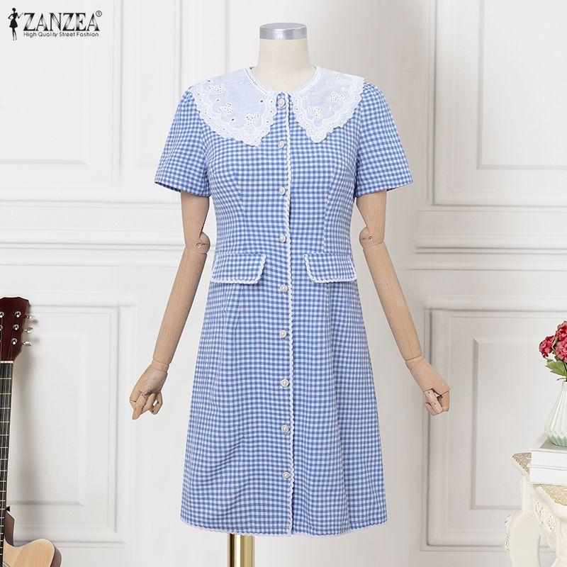 ZANZEA Women Casual Lace Splice Doll Collar Short Sleeve Plaid Print Dress