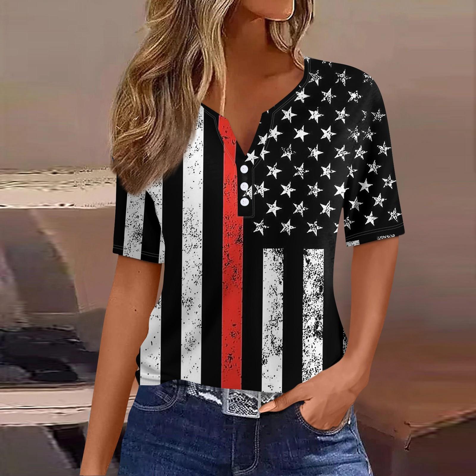 

Жен. Футболка Футболка День независимости С принтом Пуговицы С короткими рукавами Повседневные Выходные Мода Классический Классический V-образный вырез Обычный Топ L чёрный