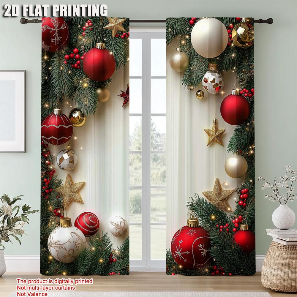 2Pcs Festive Golden And Red Ball Pine Leaves Design Christmas Window Curtains Polyester Rod Pocket Design For Living Room