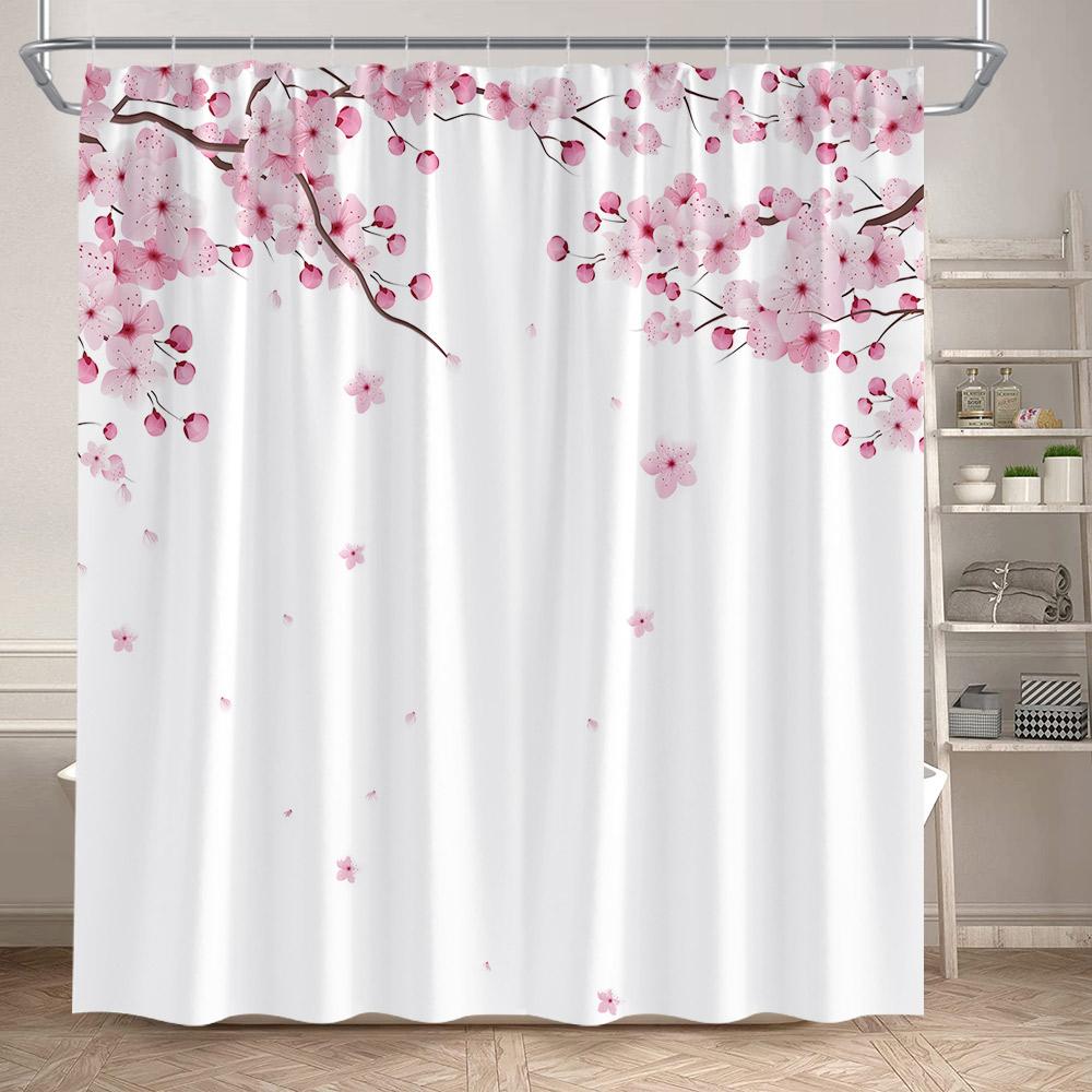 Japanese Style Floral Shower Curtain Pink Cherry Blossom Koi Fish Sea Waves Abstract Mountain Scenery Bathroom Curtain Decor Set