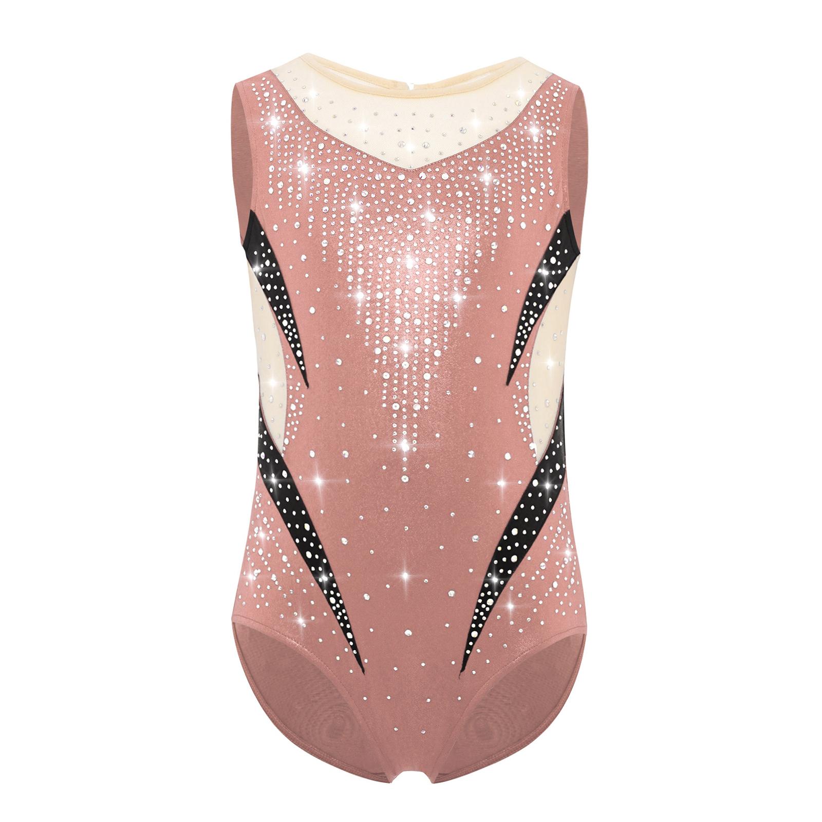 

Girls Metallic Gymnastics Leotard Sleeveless Keyhole Back Sheer Mesh Patchwork Sparkling Rhinestone Bodysuit 9-10 Years коричневий