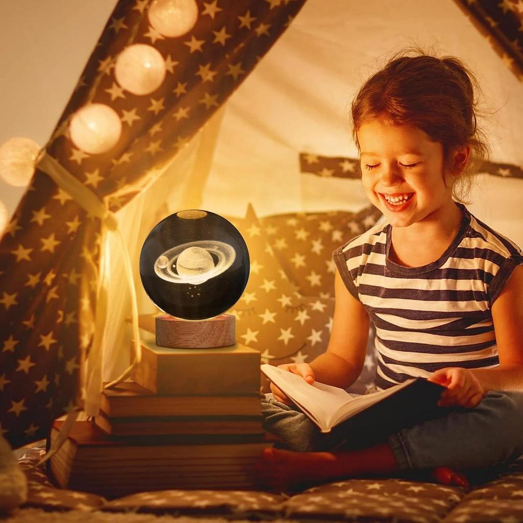 Saturn Crystal Globe Lamp | Engraved Crystal Ball Night Light with Wooden Base | USB LED Table Lamp for Bedroom, Office, Home Decor & Gift Purpose