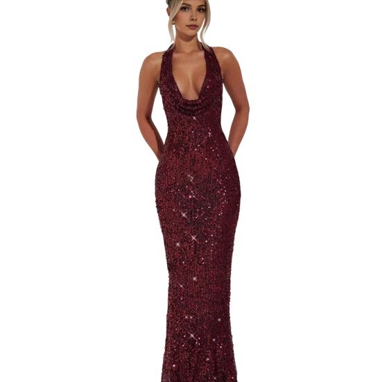 Women's Sheer Mesh Maxi Dress Sparkly Sequins See Through Halter Long Dress Deep V Neck Backless Bodycon Dress Sexy Party Outfits