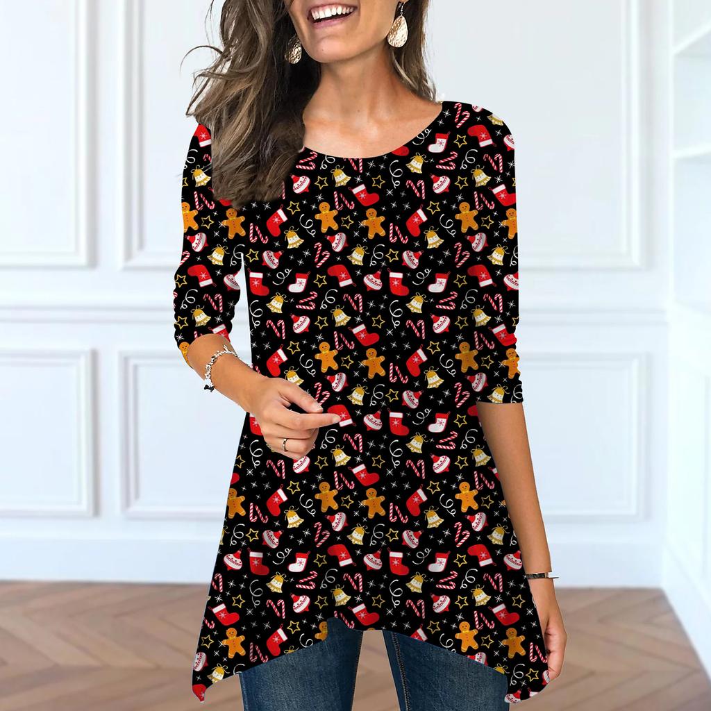 Damen Frühling Rundhals Bunt Weihnachtsbaum Print Oberteile Mode Langarm Unregelmäßiger Saum T-Shirt Oberteile