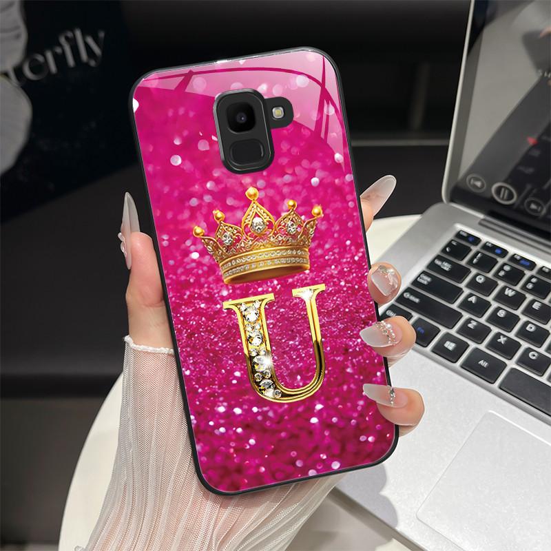 For Samsung Galaxy J6 2018 Case Fashion Letter Hard Tempered Glass Back Cover For Samsung J6 Plus J8 2018 Shockproof Phone Shell