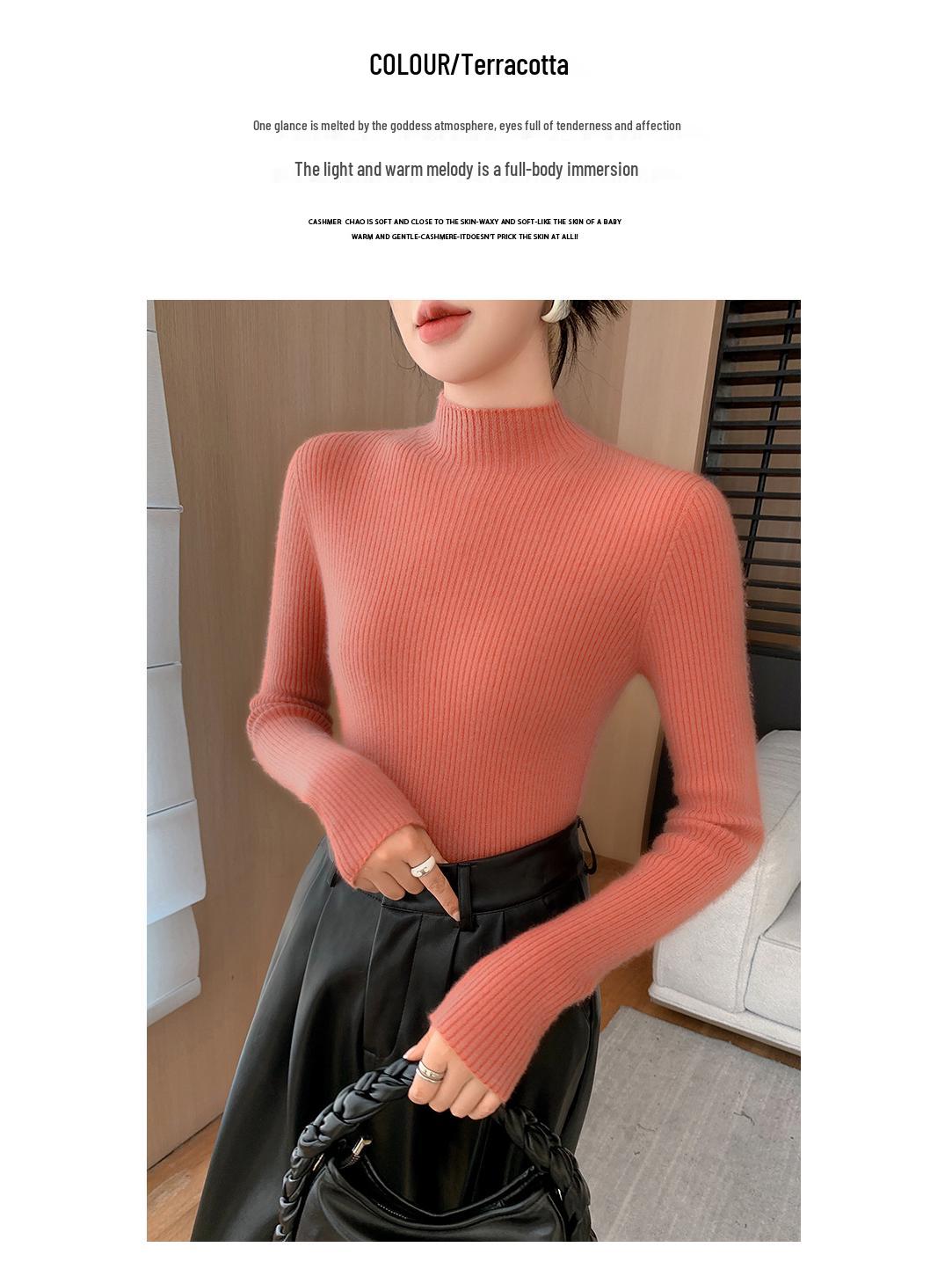 

Женский облегающий кашемировый свитер в рубчик с воротником-стойкой L