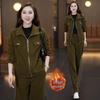 Women's Fleece-Lined Fashion Set: Trendy Stand-Up Collar Coat & Warm Long Pants for Autumn/Winter
