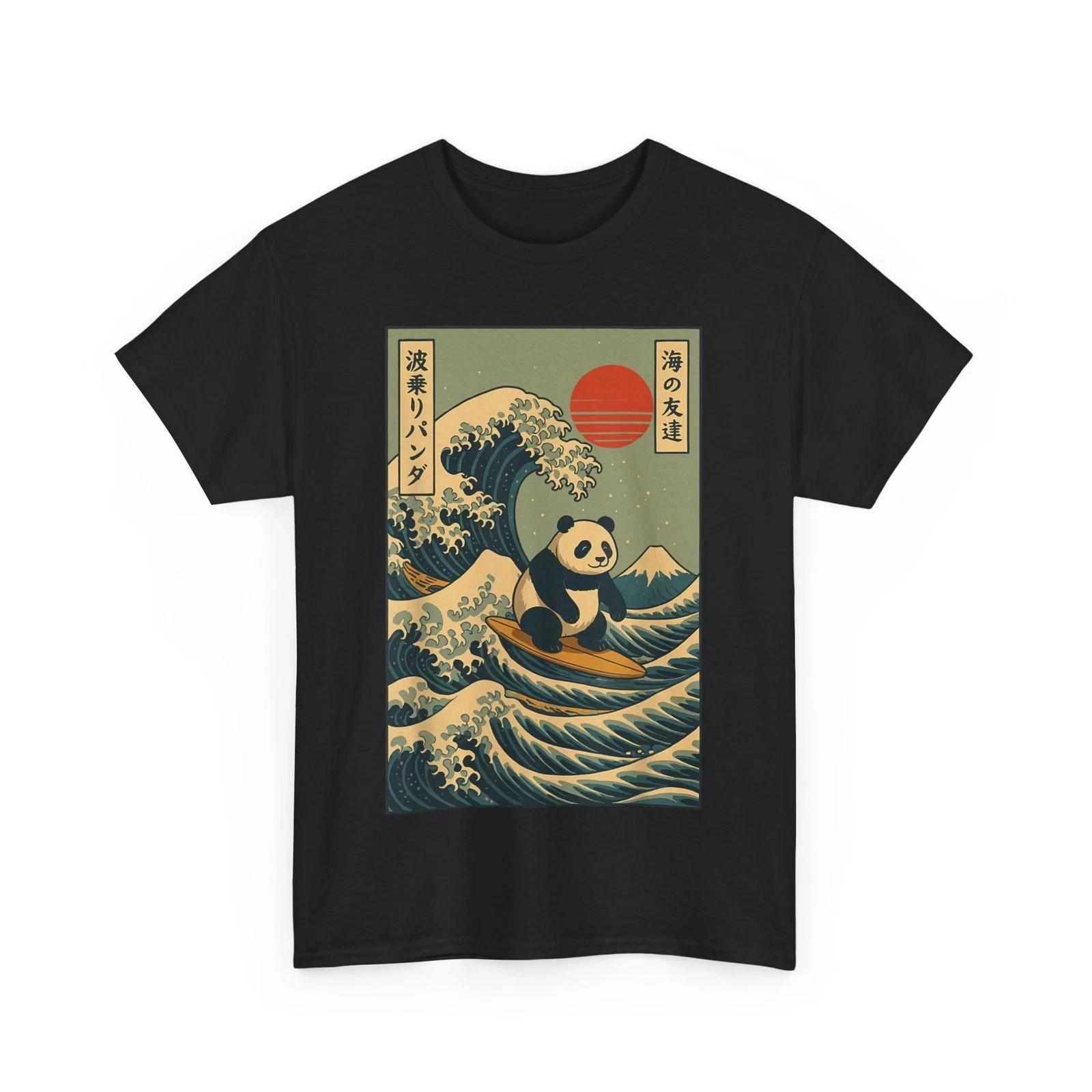 Japan Surfing Panda Kawaii Anime Great Wave Shirt Panda Surfing Japanese T-Shirt S