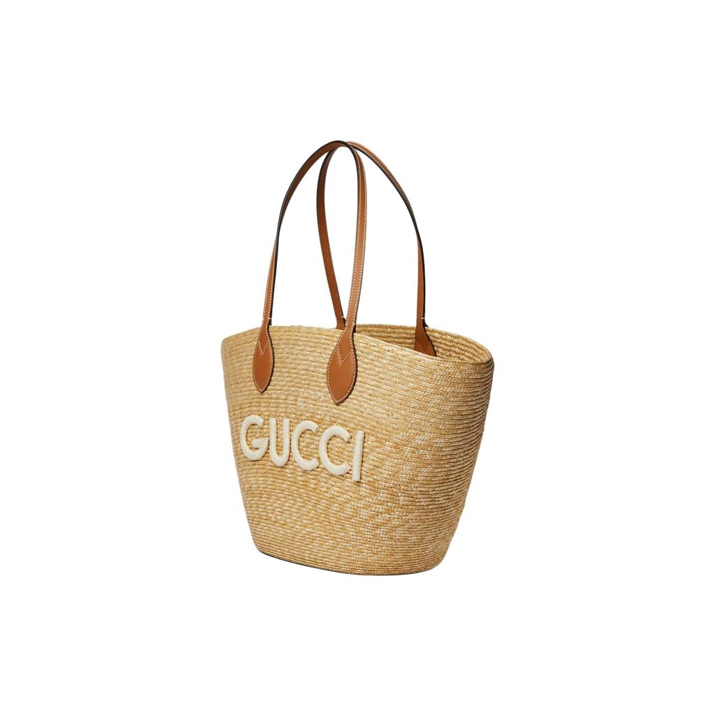 Gucci Woven Straw Tote Bag Leather Trim Large Capacity Beach Handbag 779530-9AAE9-9541