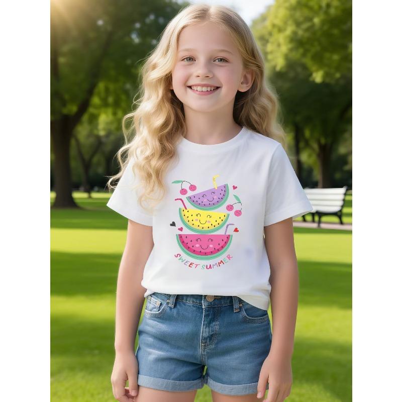 European sizes ' Fun And Sweet Watermelon Cartoon Print T-Shirt | Cute And Playful Short Sleeves | Breathable And Comfortable Casual Style | Summer