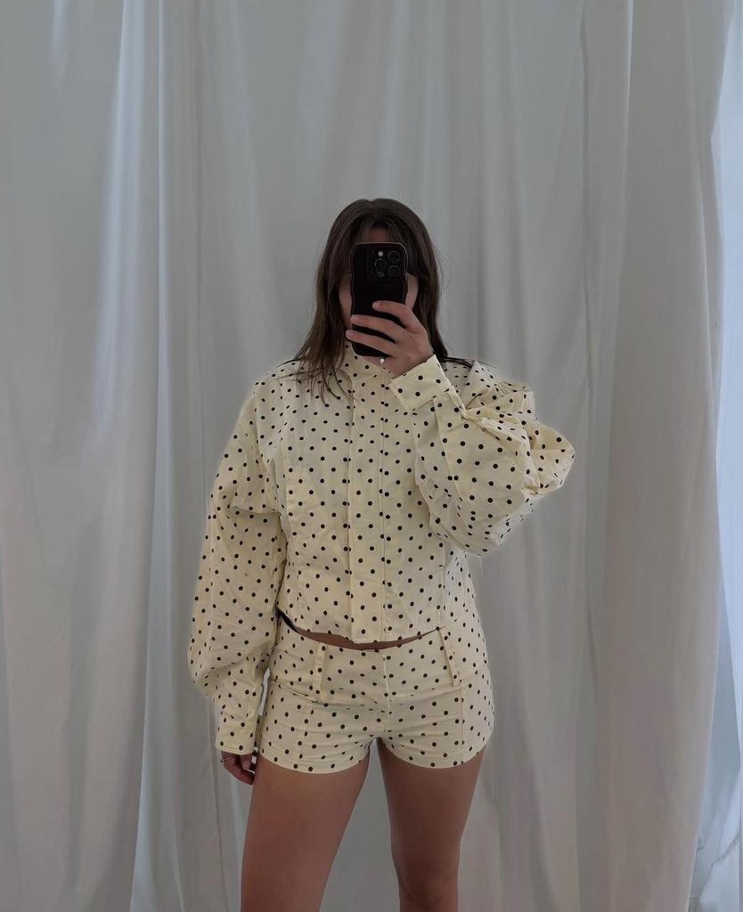 European & American Women's Polka Dot Print Stand Collar Long Sleeve Workwear Jacket