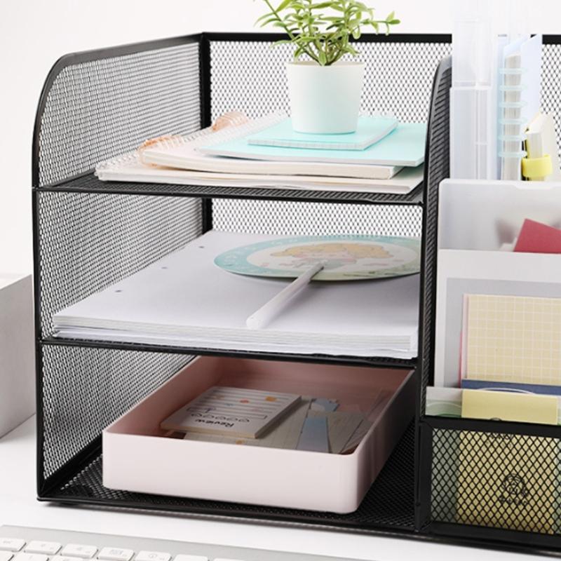 Desk Paper File Tray Organiser 3-Tiered Metal File Letter Tray With Book Rack Space Saving Document Organiser For Office