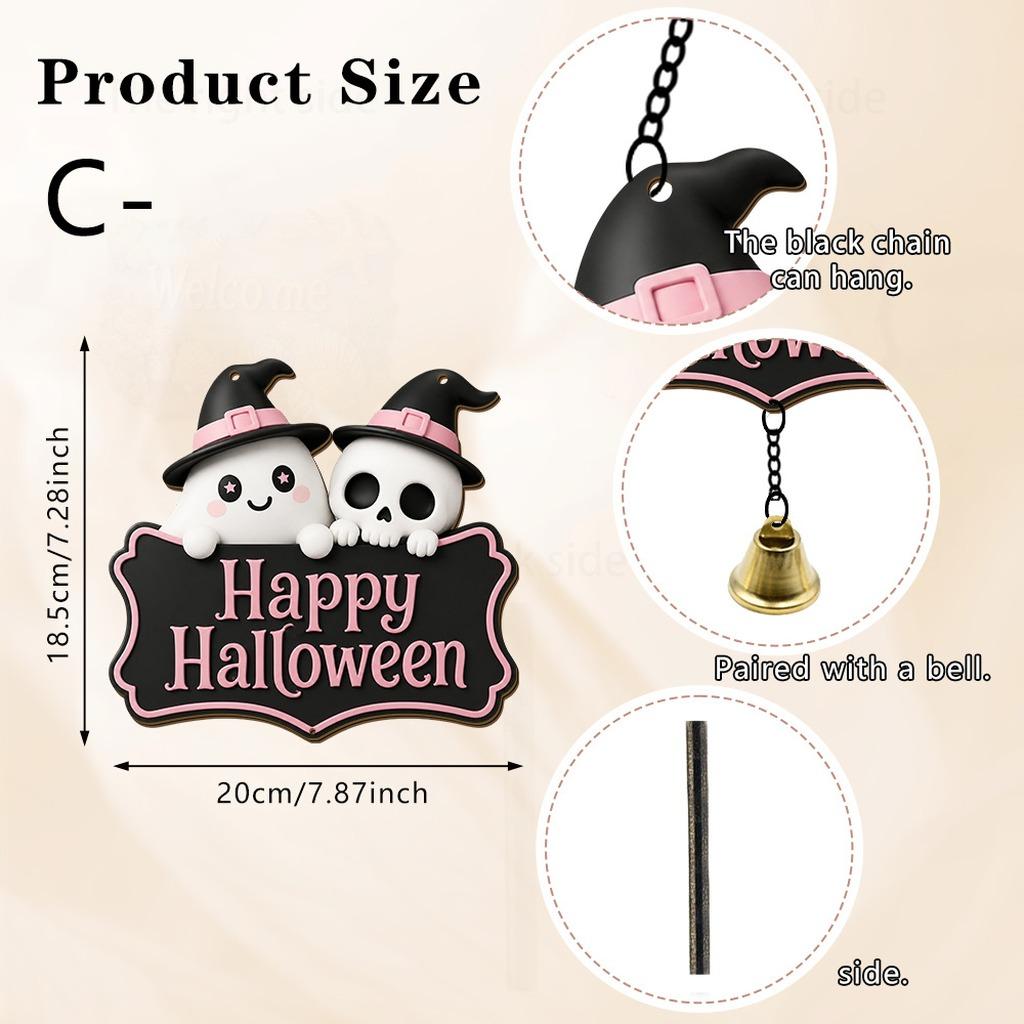 Halloween Decorative Hanging Sign Cute Ghost Skull Hanging Plaque Cute Halloween Sign Cartoon Bell Hanging Wooden Sign For Shop