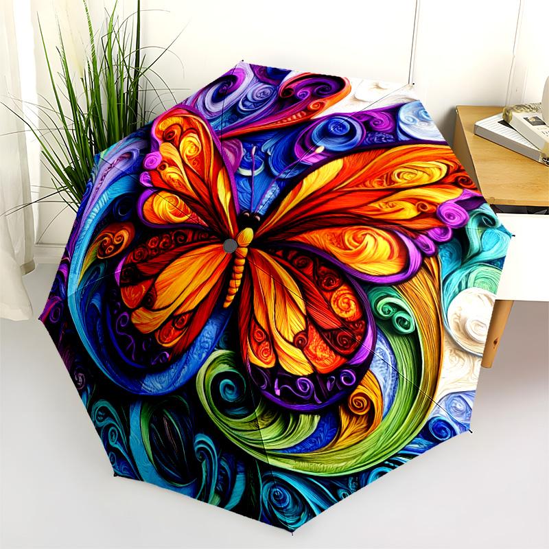 Colorful Butterfly pattern, automatic folding umbrella, portable and foldable design, 8 ribs, a Christmas or birthday gift.